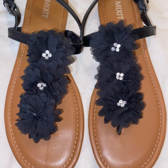 Mixit Black Floral Sandals with Embellishments - Picture 1 of 4